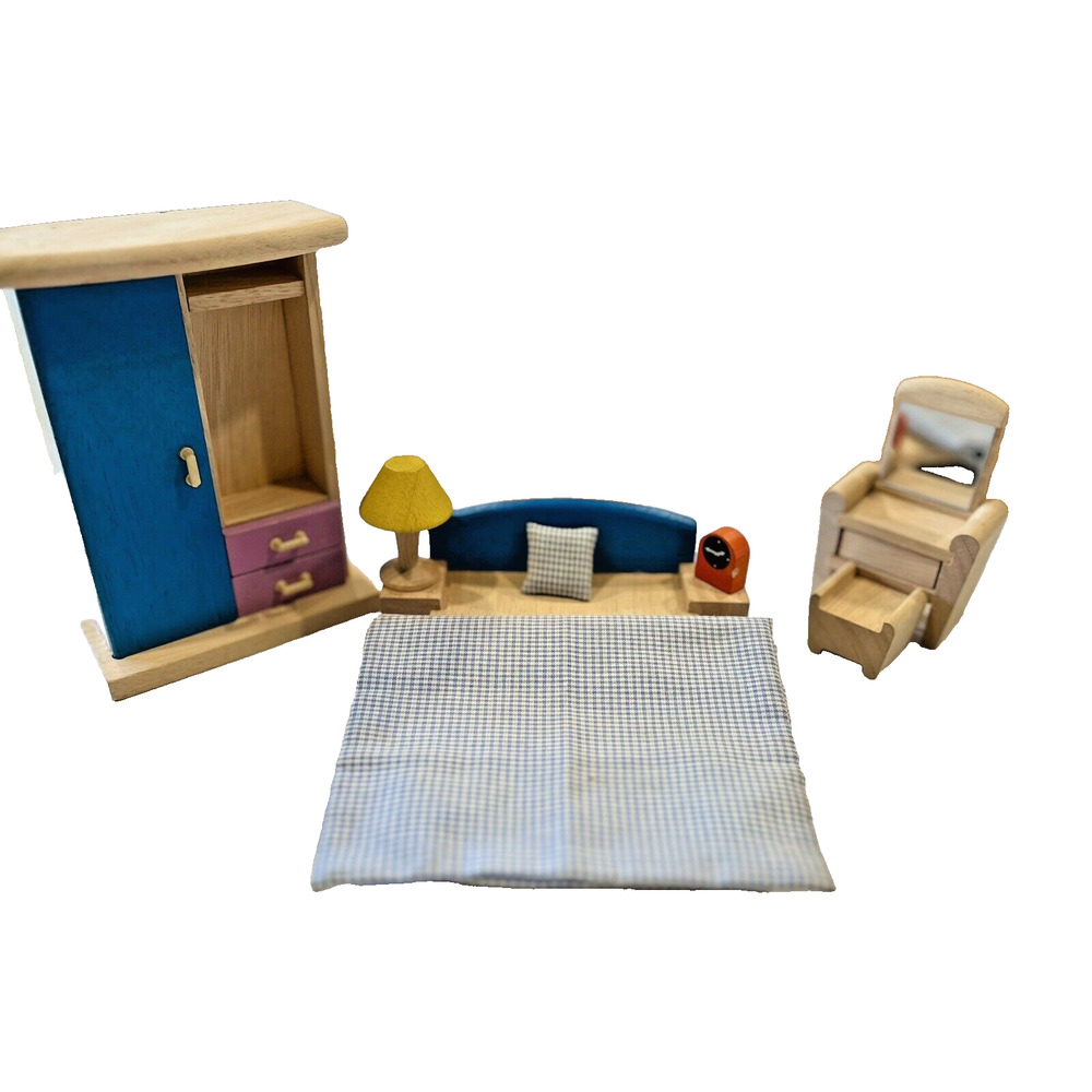 Vintage Miniature Wooden Dollhouse Bedroom Set Lot (7)